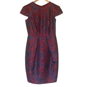 Carmen Marc Valvo Brocade Floral Burgundy Red Blue Dress 2